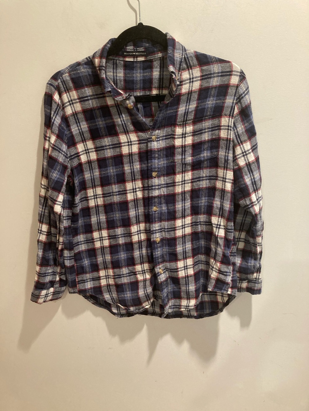 Brandy Melville Blue Plaid Button-Down Shirt with Red Accents 💯 cotton